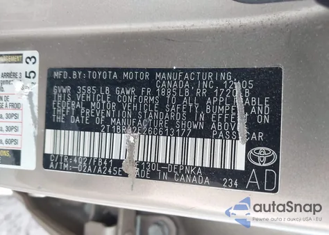 2006 Toyota Corolla Le из США, поврежденный, VIN 2T1BR32E26C613177